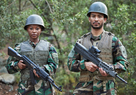 Gun, army portrait and people in forest training, outdoor shooting and military exercise, mission...