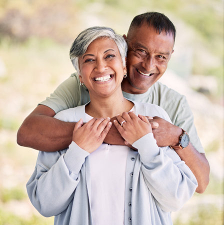 Senior couple, hug and happy portrait together in nature and love in marriage with support or garden...