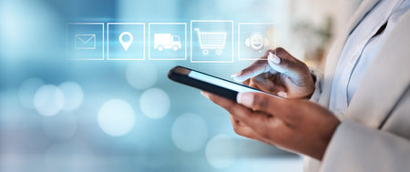 Hologram, businesswoman or hands typing on a phone for an app, social media, internet post or...
