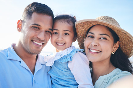 Family, portrait and girl in selfie with happiness in summer for quality time on vacation. Memory, love and kid with parent with smile in outdoor for bonding on weekend with travel for adventure.の写真素材
