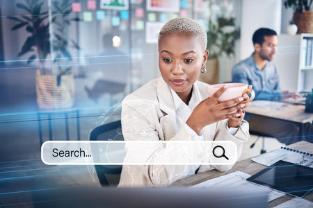 Woman, business and laptop search engine for information hologram, SEO graphic and iot research. Thinking, worker and African employee with coffee on technology, internet and office browsing overlayの写真素材