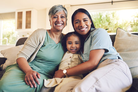 Mother, grandma or portrait of happy family on a sofa with love enjoying quality bonding together in...
