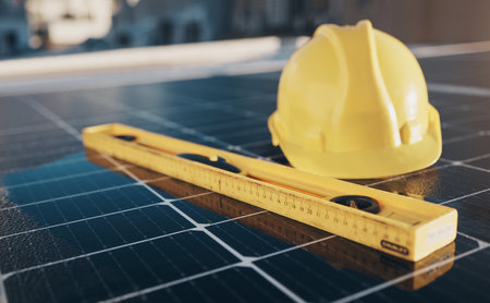 Solar panel, engineering tools and renewable energy isolated for maintenance and construction work. Industrial, sustainability and equipment on a rooftop for eco friendly power project and safetyの写真素材