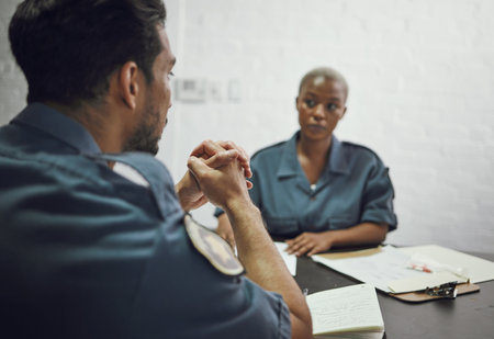 People, police and team in meeting for crime report, documents or case discussion at the precinct. Man and woman, law enforcement or officers working together on investigation or paperwork at stationの写真素材