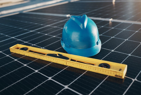Solar panel, level tools and helmet for renewable energy isolated for maintenance and construction. industry, sustainability and engineer equipment on a rooftop for eco friendly project and safetyの写真素材