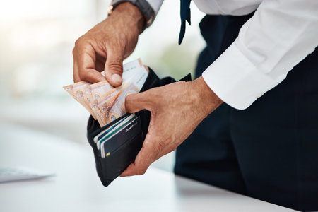 Businessman, hands and money wallet of euros for finance, trading economy and banking budget. Closeup of rich trader, financial profit and income for bonus bills, cash savings and accounting paymentの写真素材