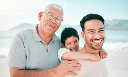 Grandfather, dad or portrait of child at beach with a happy family for holiday vacation or weekend...