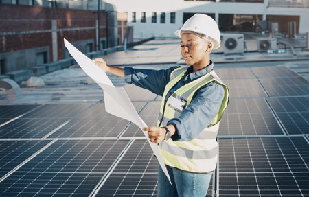 Female engineer, solar panel blueprint or outdoor on roof for power, sustainability plan and energy...