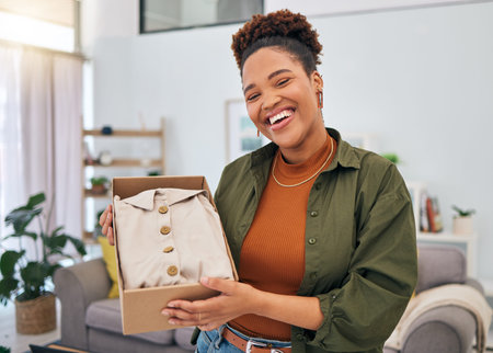 Online shopping, portrait of happy woman and unboxing package, discount fashion retail and smile in...