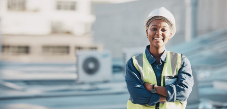 Woman, construction worker and portrait with a smile for engineering and building renovation job....