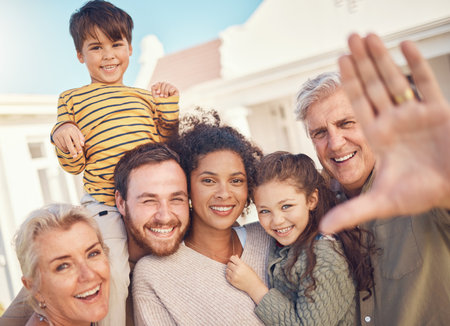 Selfie, portrait and family, generations and happiness, grandparents with parents and children for social media post. Bonding, love and trust, happy people smile in picture outdoor and photographyの写真素材