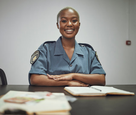 Happy, smile and portrait of a female police officer sitting by a desk in the office writing reports. Confidence, happiness and African woman security guard with a positive mindset in the workplace.の写真素材