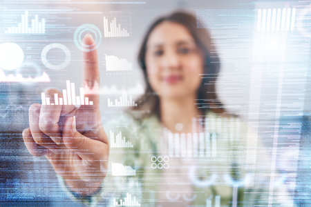 Business woman, press hologram chart and finger for financial data analysis, stats and stock market information. Futuristic trading, 3D ux overlay and graph for research, growth and vision in agencyの写真素材