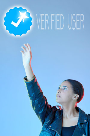 Woman, invisible screen and verification on social media of identity for security, safety or process...