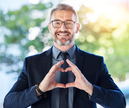 Face, business man and ceo with heart hands outdoor for trust, care and happy. Portrait, mature with love sign, smile for kindness or empathy, charity or gratitude, romance emoji or supportの写真素材