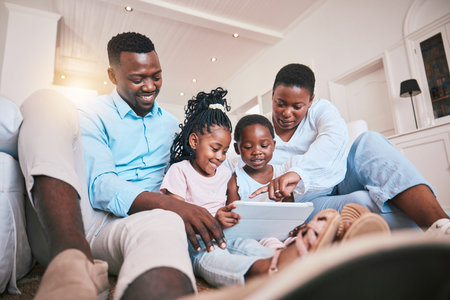 Relax, streaming and tablet with black family in living room for happy, games and elearning app....
