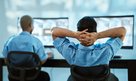Security guard, safety and team in control room with a computer screen for surveillance. Behind a...