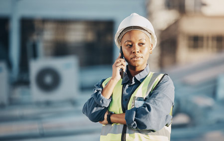 Phone call, solar panel and black woman conversation, thinking or talk about photovoltaic plate, sustainability or ideas. Renewable energy, smartphone and female engineer advice for electrical powerの写真素材