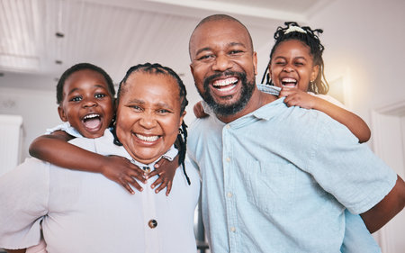Portrait, grandmother and grandfather with black kids, smile and family bonding together in home. African grandma, grandpa and face of children with care, love or happy for funny laugh with piggybackの写真素材