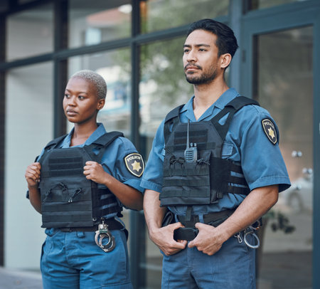 Security, police team and people in city for working, inspection and supervision on patrol shift....