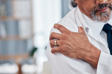 Shoulder pain, hands and business man with body injury, medical emergency crisis or fibromyalgia. Trauma accident, pressure or professional person, closeup businessman or agent with arthritis risk