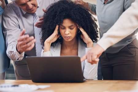 Stress, chaos and black woman with headache from multitasking, workload and team pressure in office....