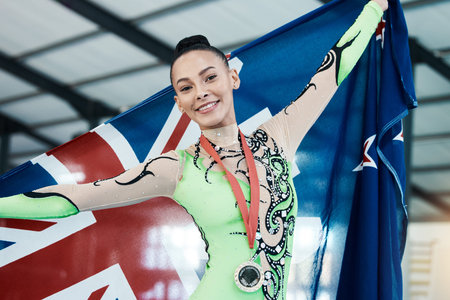 Medal, winner of gymnastics and portrait of champion with union jack, success in competition or...