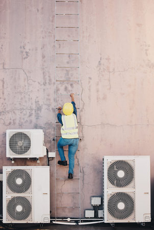 Technician, ladder and outdoor wall for air conditioner maintenance, construction or site...