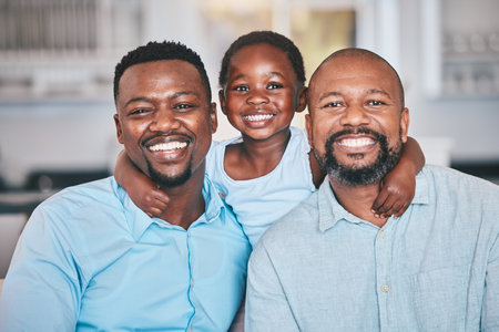 Black family, grandfather and father with girl in portrait, bonding and relax together in home. African grandpa, dad and face of child with care, love and smile, happy and enjoying quality timeの写真素材