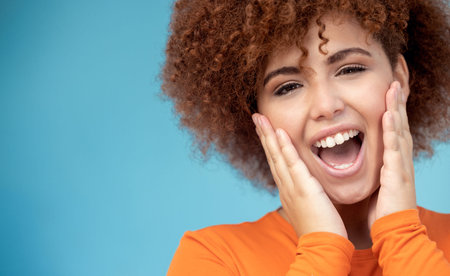 Surprise, happy and portrait of a woman in a studio with mockup space for sale, deal or discount....