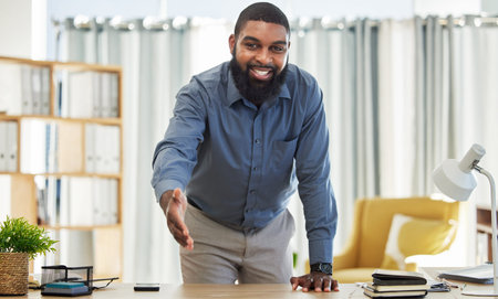 Black man, open handshake or portrait of businessman for welcome, deal or onboarding in office. Hand...