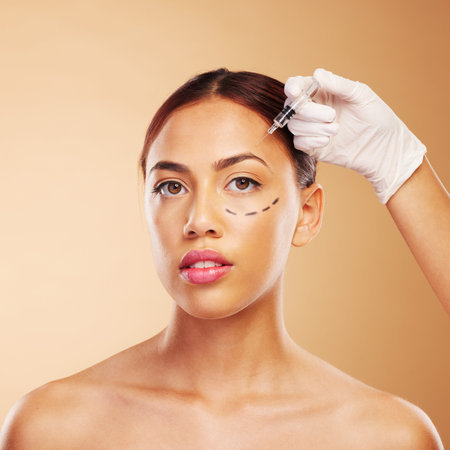 Rhinoplasty, plastic surgery and syringe for woman with beauty facial for isolated in brown studio...