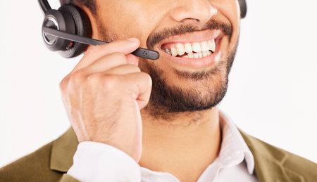 Call center, happy man or mouth of consultant, customer service and CRM microphone in studio....