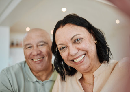 Smile, happy and selfie with old couple in living room for love, support and retirement. Happiness,...