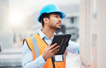 Tablet, engineering and man with air conditioning on roof for repair, maintenance and inspection....