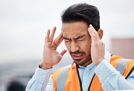Headache, stress and male construction worker on a rooftop of a building for inspection or maintenance. Migraine, engineering and young man foreman with burnout while working in an urban town.の写真素材
