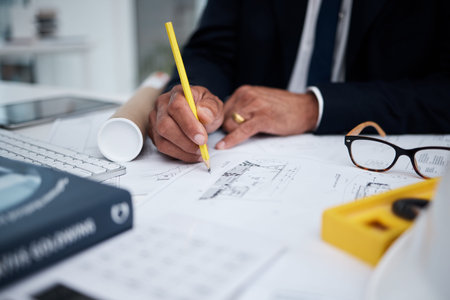 Hands, architecture and pencil for drawing blueprint, project illustration or engineering process....