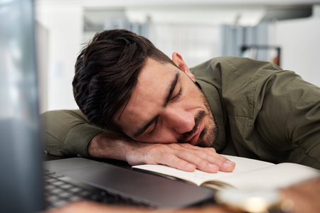 Sleeping, businessman and desk in office, workplace and consultant with fatigue, tired energy and...