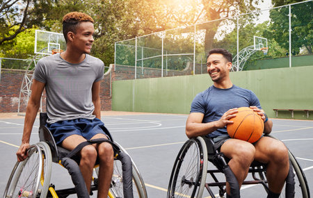 Basketball player, men and team in wheelchair for sports break, rest and fitness on training court....