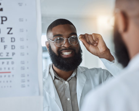 Eye exam, smile and optometrist or man with glasses, confidence and happy service in consultation office. Ophthalmology, face in mirror and expert in vision, test or assessment for eyes or healthの写真素材