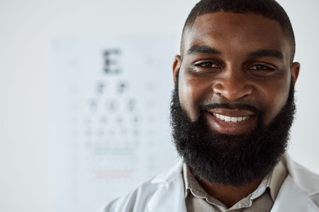 Optometrist, face and portrait of man with smile with trust for eye care services, healthcare...