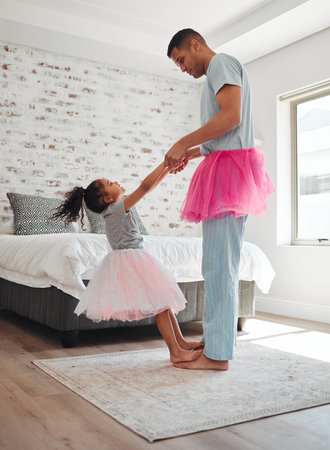 Dance, bedroom and a father with his daughter for fantasy fun together in their home in the morning. Love, family or children with a man and girl kid moving to music while bonding for trust or careの写真素材