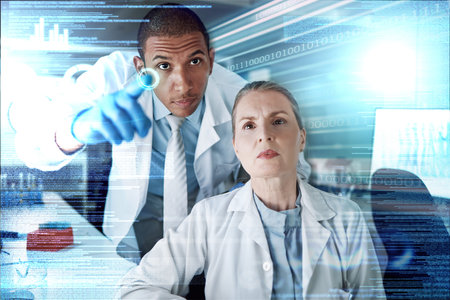 Science, future technology and medical research with team at overlay computer hologram, information...