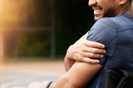 Fitness, closeup or man with shoulder pain, injury or exercise and inflammation, broken and muscle...