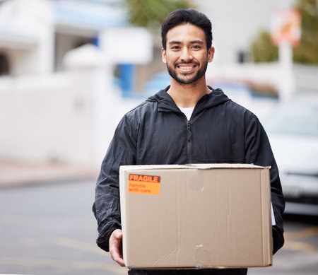 Delivery man, box and courier service for distribution, logistics and retail supply chain in outdoor portrait. E commerce, cardboard package and product, city shipping and happy face of stock workerの写真素材