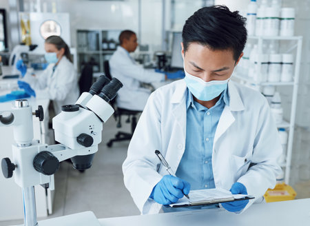 Laboratory, man and scientist writing clipboard information, healthcare research or medicine development project. Science lab solution, pharma checklist and person work on medical hospital resultsの写真素材