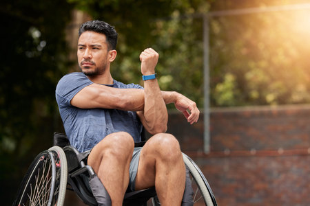 Basketball, stretching and wheelchair user with man on court for training, challenge and...
