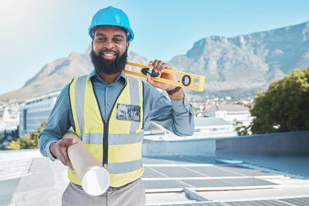 Man, portrait and architecture blueprint for solar energy, construction and project management in...