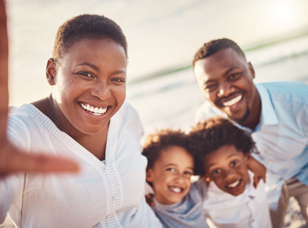Selfie, beach and black family with smile, vacation and adventure for quality time, cheerful and...