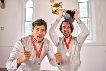 Sports, fencing and portrait of men with trophy for winning competition, challenge and match in gym. Fitness, sword fighting and excited male athletes celebrate with prize for games or tournamentの写真素材